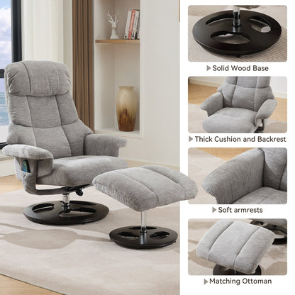 360° Swivel Ergonomic Recliner Chair with Ottoman, Adjustable Backrest, 5 Vibration Massage, Seat Heating, Chenille Fabric