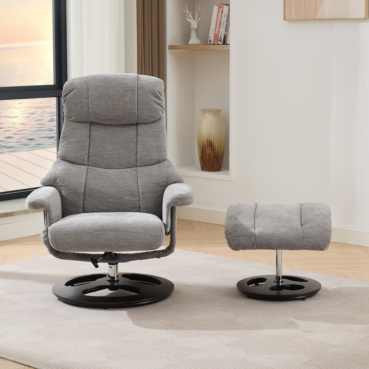 360° Swivel Ergonomic Recliner Chair with Ottoman, Adjustable Backrest, 5 Vibration Massage, Seat Heating, Chenille Fabric