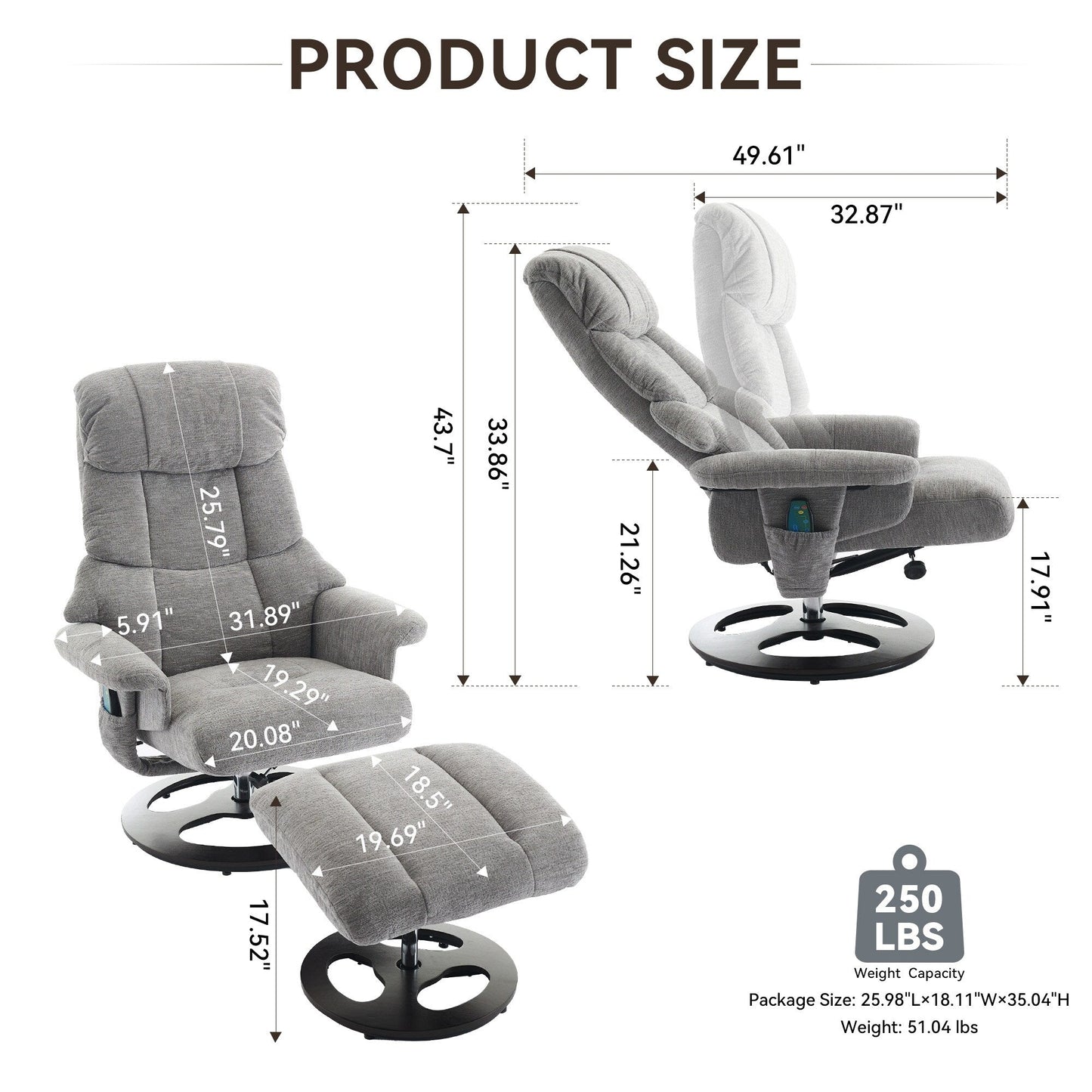 360° Swivel Ergonomic Recliner Chair with Ottoman, Adjustable Backrest, 5 Vibration Massage, Seat Heating, Chenille Fabric