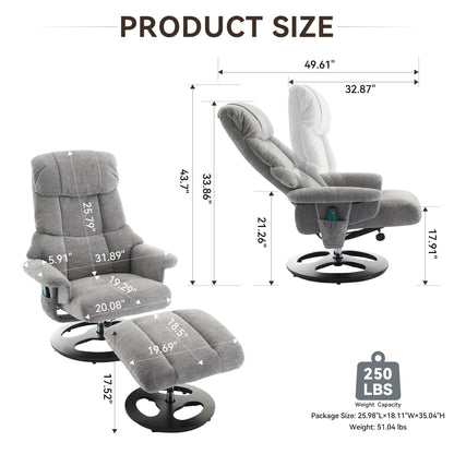 360° Swivel Ergonomic Recliner Chair with Ottoman, Adjustable Backrest, 5 Vibration Massage, Seat Heating, Chenille Fabric
