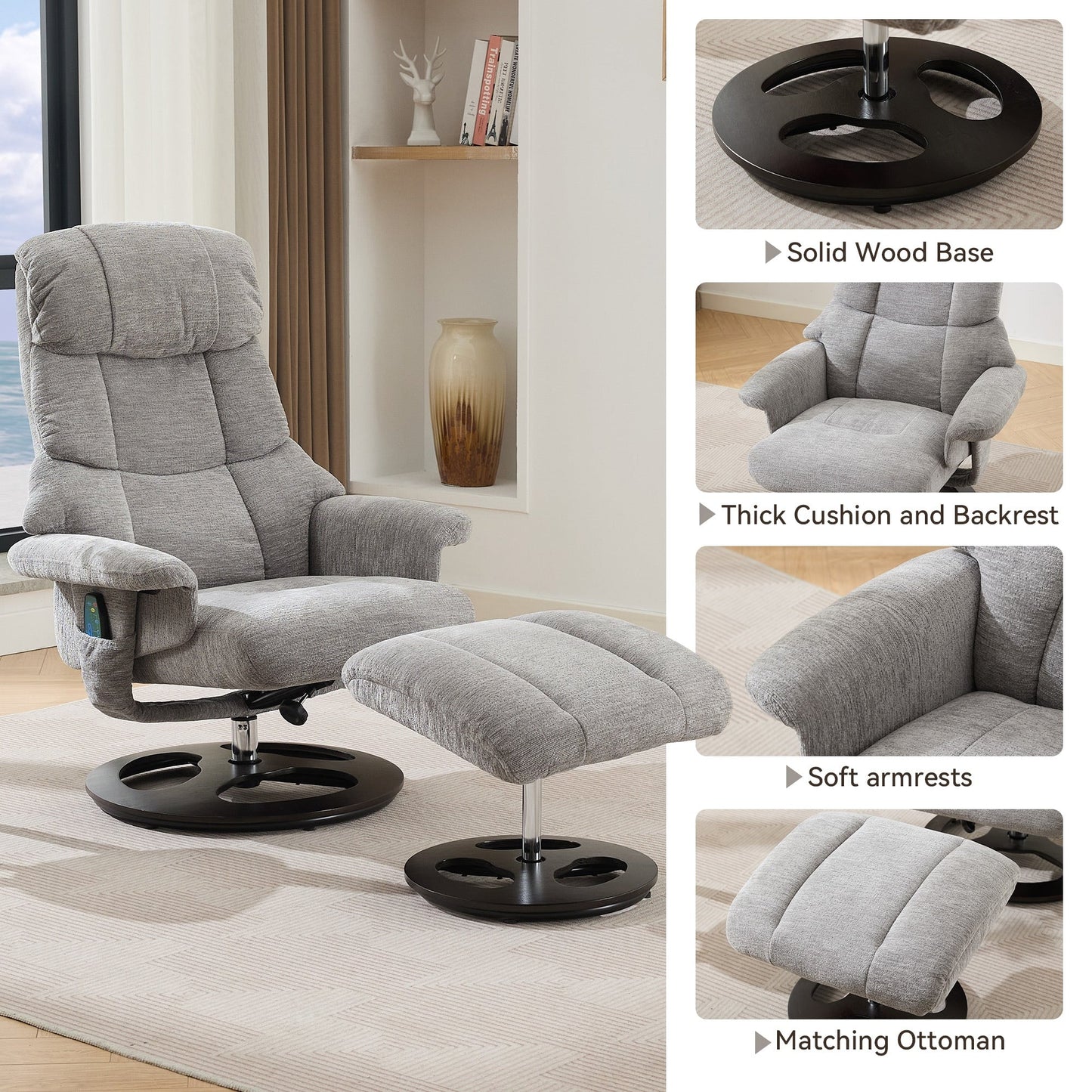 360° Swivel Ergonomic Recliner Chair with Ottoman, Adjustable Backrest, 5 Vibration Massage, Seat Heating, Chenille Fabric