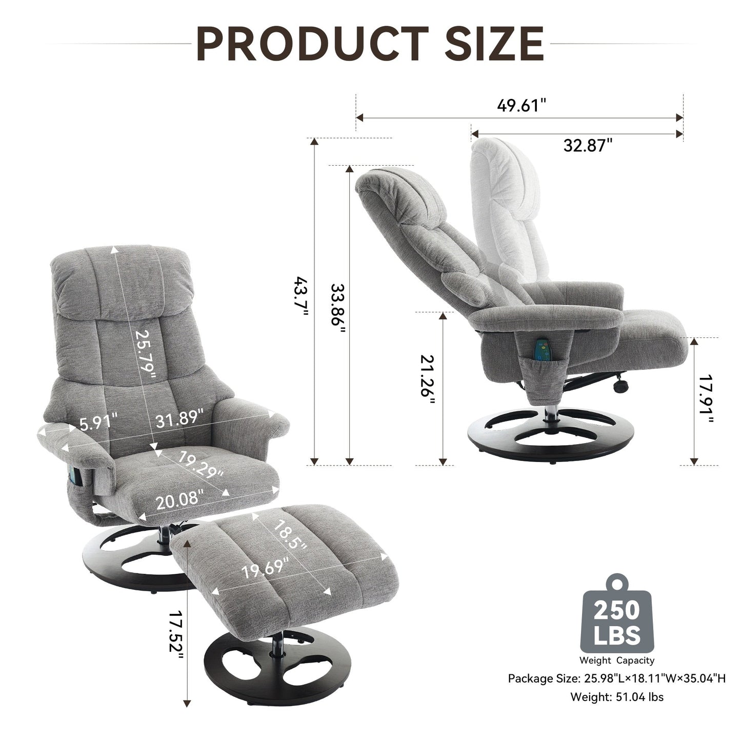360° Swivel Ergonomic Recliner Chair with Ottoman, Adjustable Backrest, 5 Vibration Massage, Seat Heating, Chenille Fabric