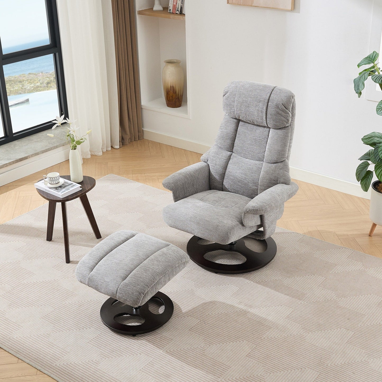 360° Swivel Ergonomic Recliner Chair with Ottoman, Adjustable Backrest, 5 Vibration Massage, Seat Heating, Chenille Fabric
