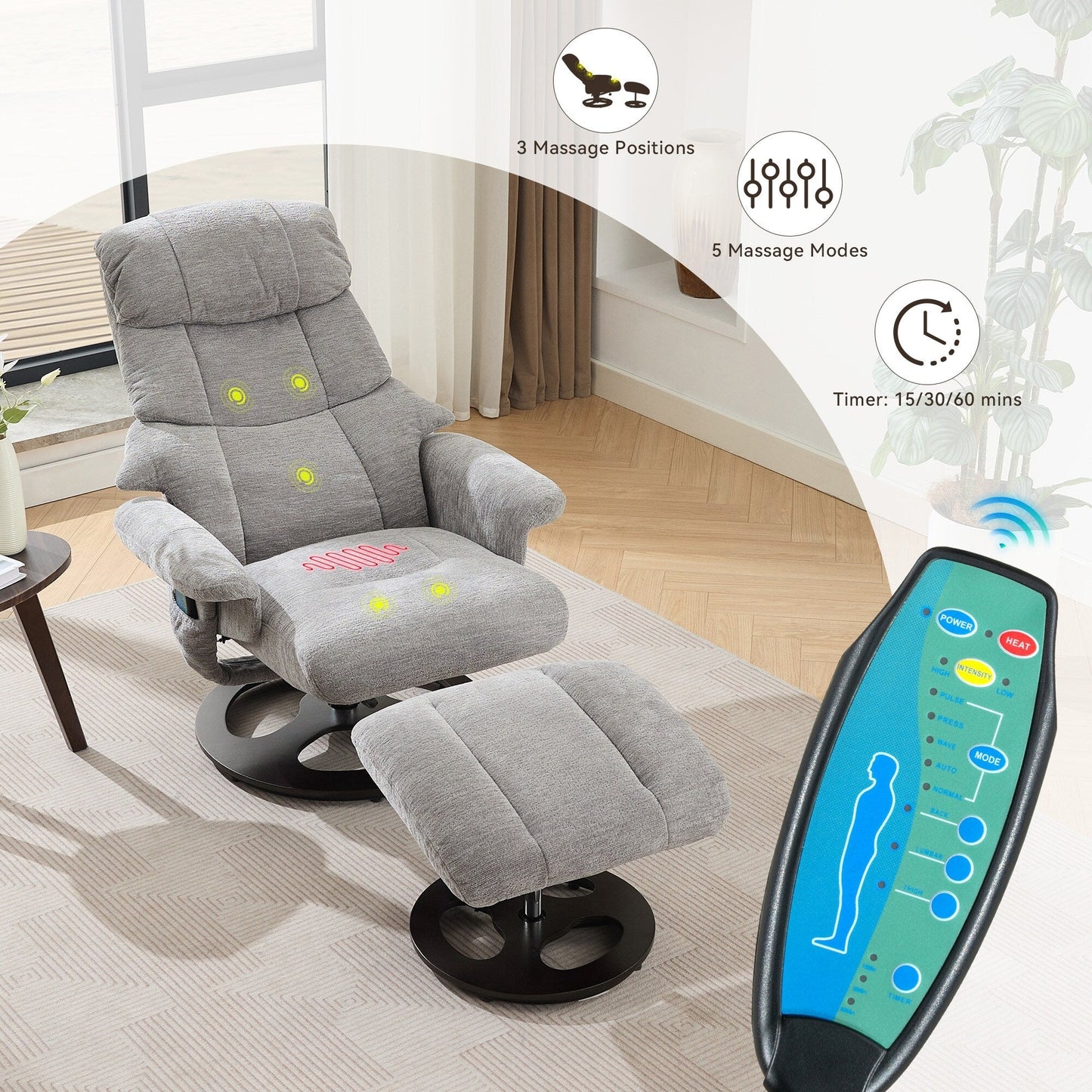 360° Swivel Ergonomic Recliner Chair with Ottoman, Adjustable Backrest, 5 Vibration Massage, Seat Heating, Chenille Fabric