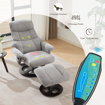 360° Swivel Ergonomic Recliner Chair with Ottoman, Adjustable Backrest, 5 Vibration Massage, Seat Heating, Chenille Fabric