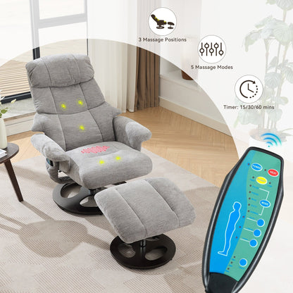 360° Swivel Ergonomic Recliner Chair with Ottoman, Adjustable Backrest, 5 Vibration Massage, Seat Heating, Chenille Fabric