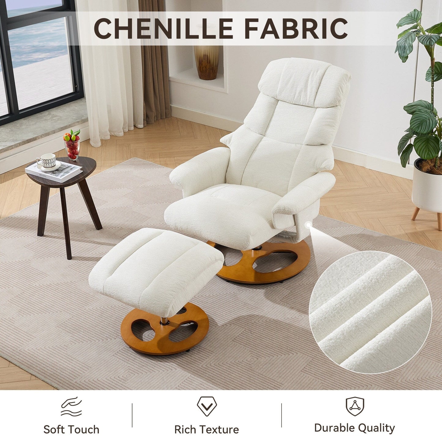 360° Swivel Ergonomic Recliner Chair with Ottoman, Adjustable Backrest, 5 Vibration Massage, Seat Heating, Chenille Fabric