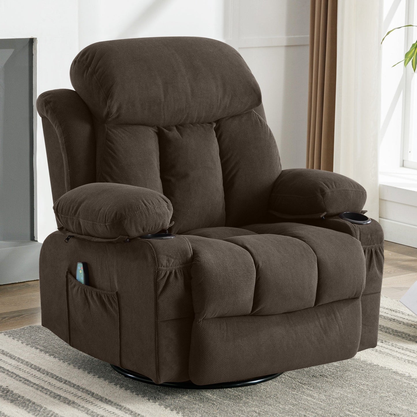 360° Swivel Heated Massage Recliner with USB Charging, Cup Holders, Side Storage, and Plush Fleece Upholstery