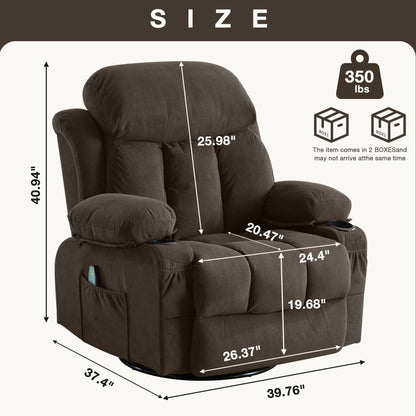 360° Swivel Heated Massage Recliner with USB Charging, Cup Holders, Side Storage, and Plush Fleece Upholstery