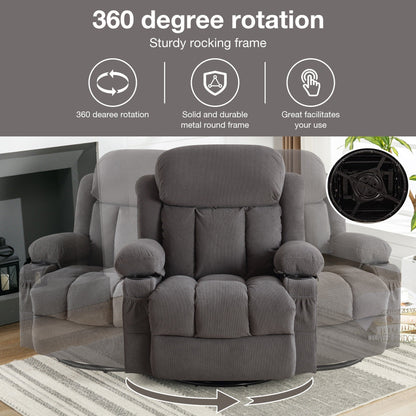 360° Swivel Heated Massage Recliner with USB Charging, Cup Holders, Side Storage, and Plush Fleece Upholstery