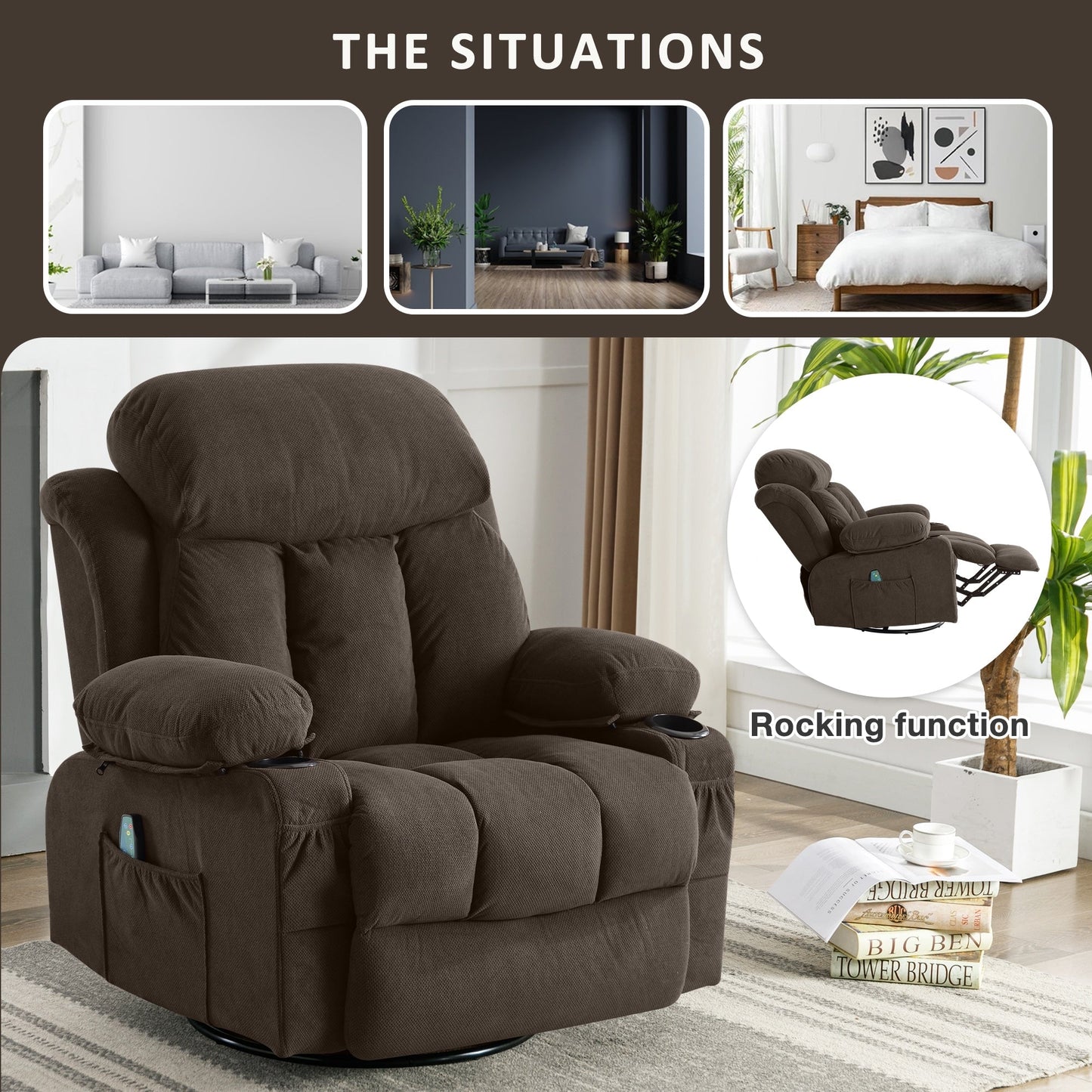 360° Swivel Heated Massage Recliner with USB Charging, Cup Holders, Side Storage, and Plush Fleece Upholstery