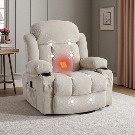 360° Swivel Heated Massage Recliner with USB Charging, Cup Holders, Side Storage, and Plush Fleece Upholstery