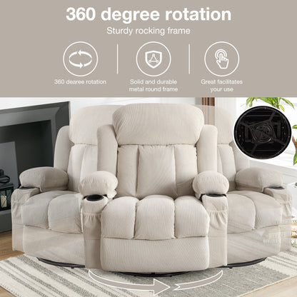 360° Swivel Heated Massage Recliner with USB Charging, Cup Holders, Side Storage, and Plush Fleece Upholstery