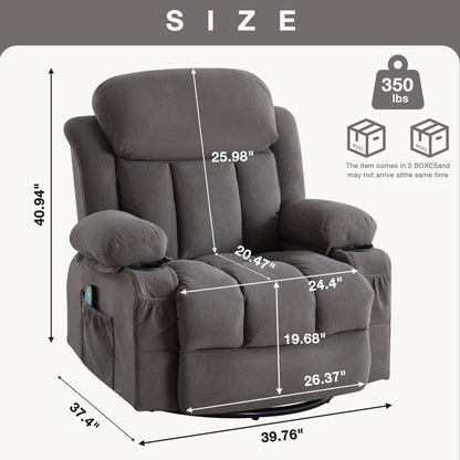 360° Swivel Heated Massage Recliner with USB Charging, Cup Holders, Side Storage, and Plush Fleece Upholstery