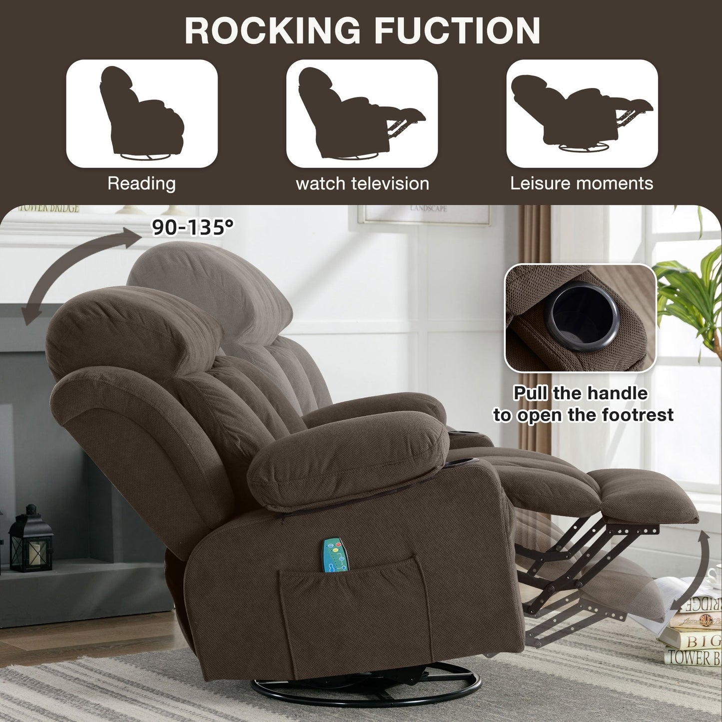 360° Swivel Heated Massage Recliner with USB Charging, Cup Holders, Side Storage, and Plush Fleece Upholstery