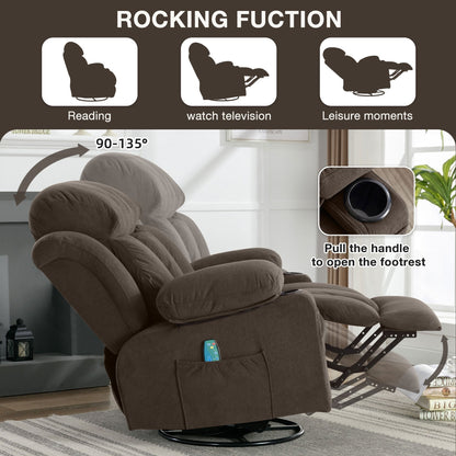 360° Swivel Heated Massage Recliner with USB Charging, Cup Holders, Side Storage, and Plush Fleece Upholstery