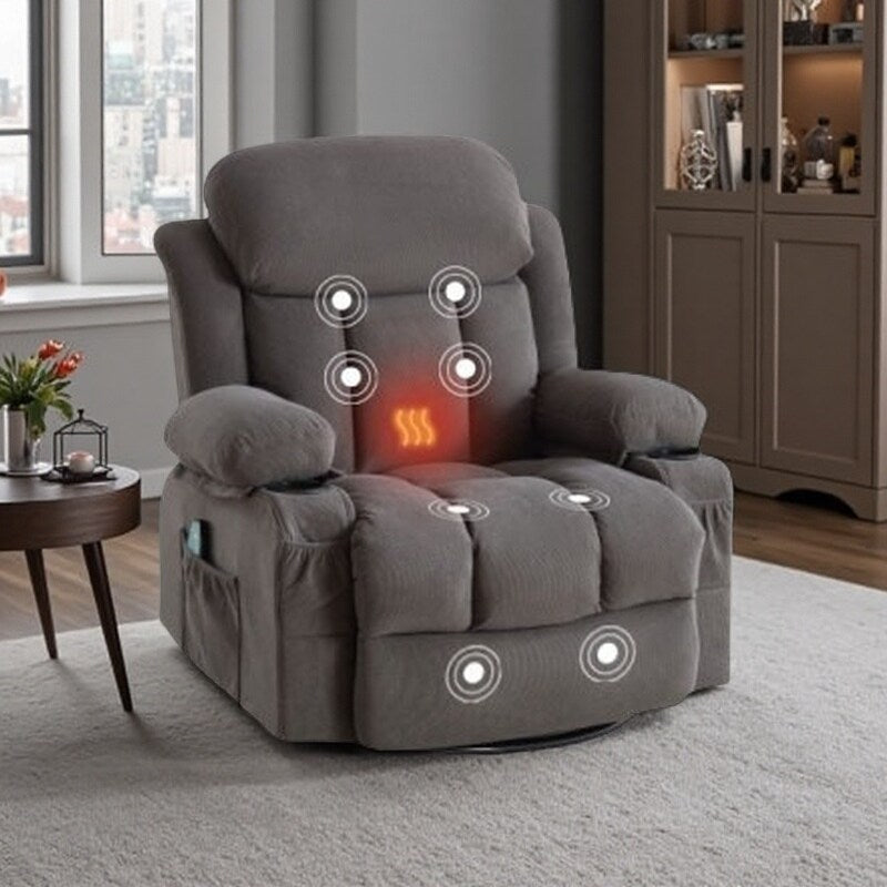 360° Swivel Heated Massage Recliner with USB Charging, Cup Holders, Side Storage, and Plush Fleece Upholstery