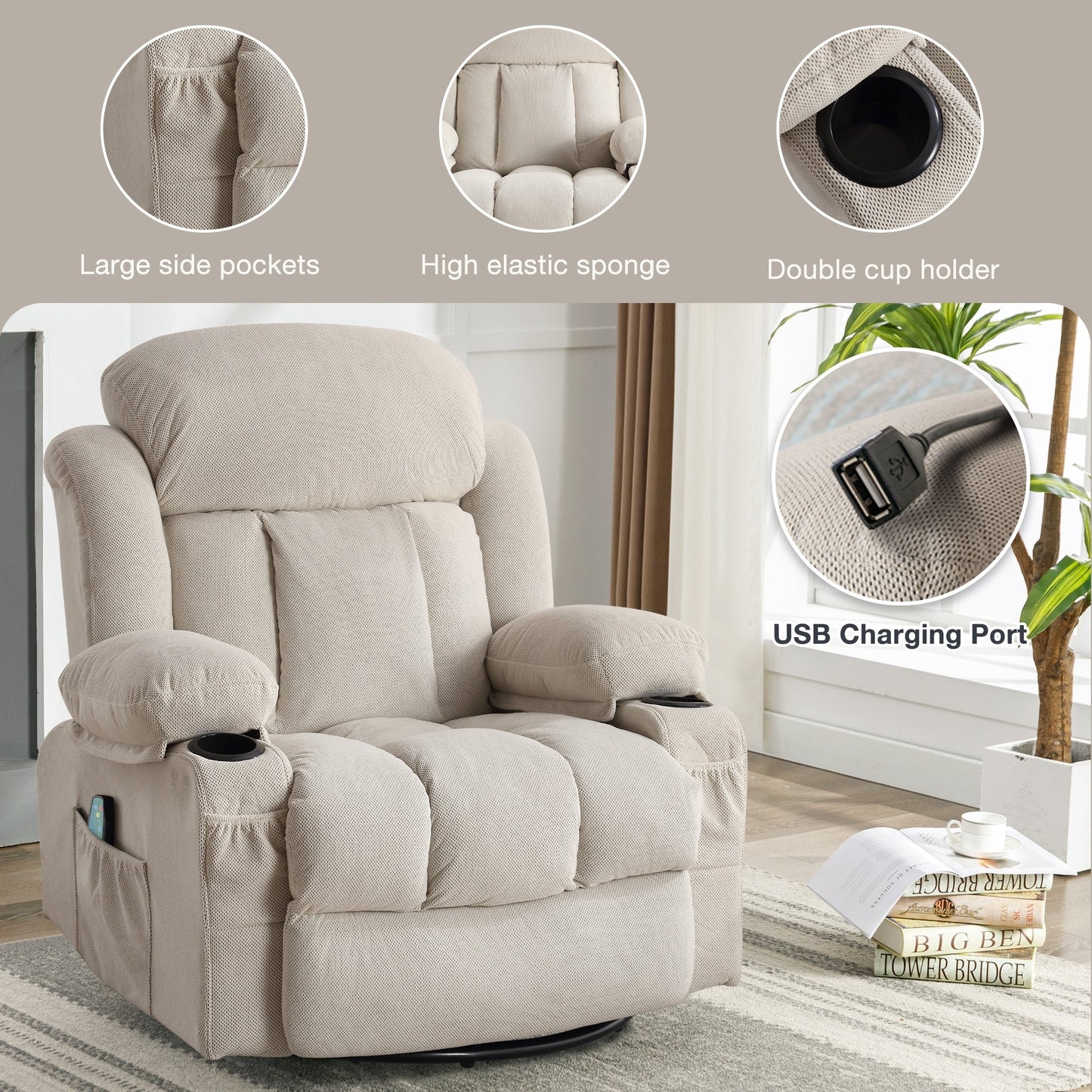 360° Swivel Heated Massage Recliner with USB Charging, Cup Holders, Side Storage, and Plush Fleece Upholstery