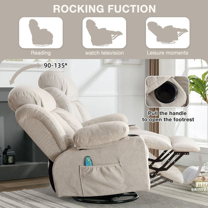 360° Swivel Heated Massage Recliner with USB Charging, Cup Holders, Side Storage, and Plush Fleece Upholstery