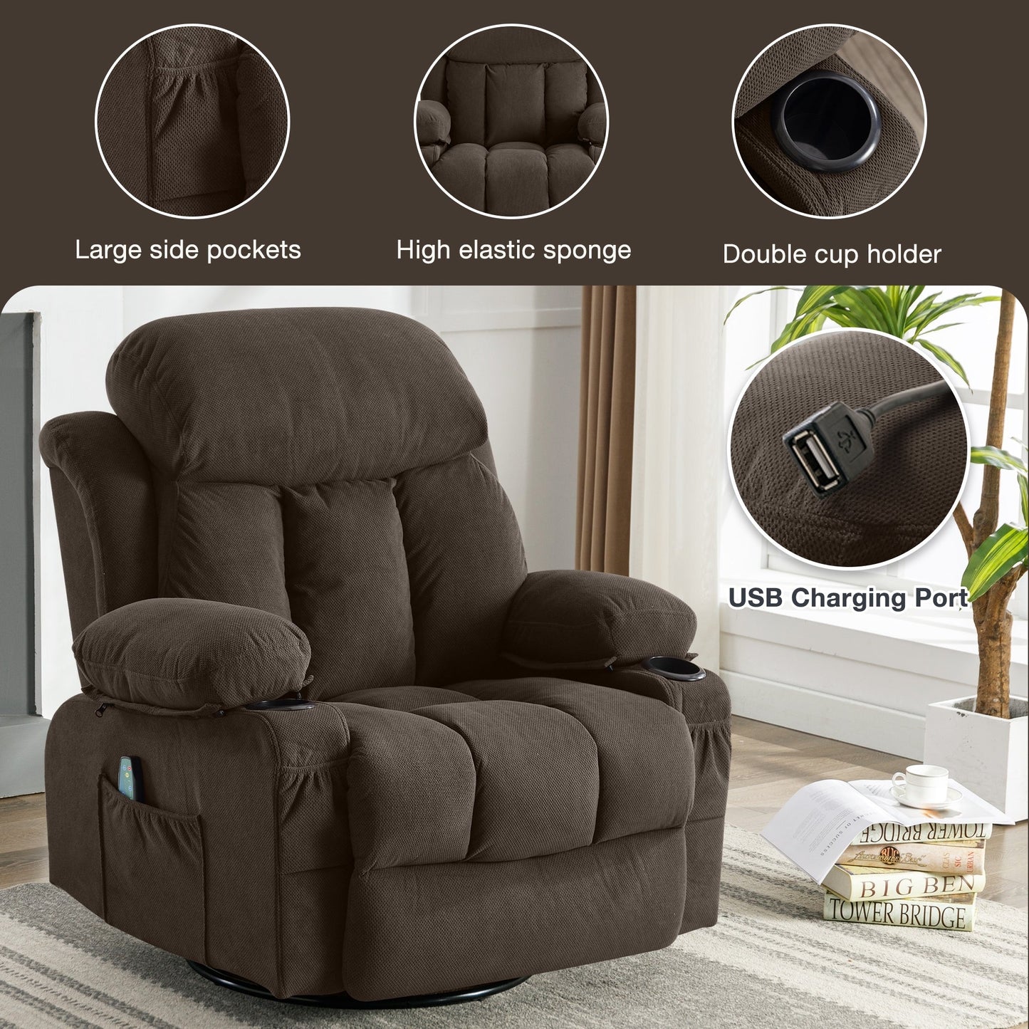 360° Swivel Heated Massage Recliner with USB Charging, Cup Holders, Side Storage, and Plush Fleece Upholstery