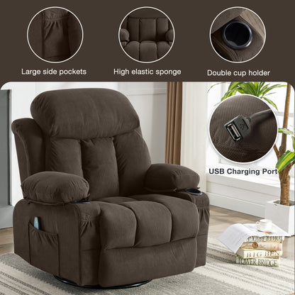 360° Swivel Heated Massage Recliner with USB Charging, Cup Holders, Side Storage, and Plush Fleece Upholstery