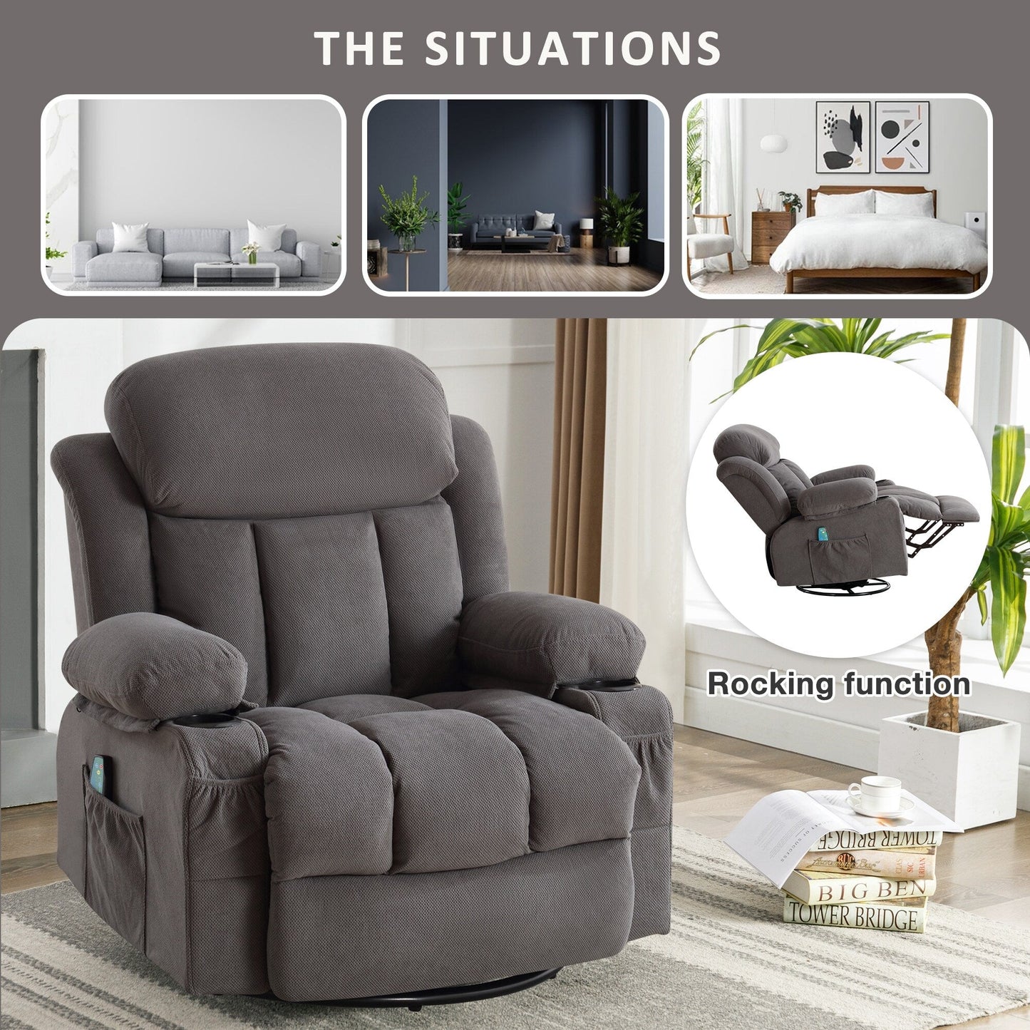 360° Swivel Massage Recliner Chair in Soft Velvet with Heat, USB, Manual Recline and Storage Pockets