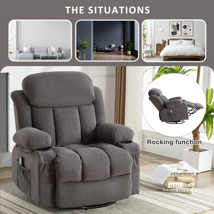 360° Swivel Massage Recliner Chair in Soft Velvet with Heat, USB, Manual Recline and Storage Pockets