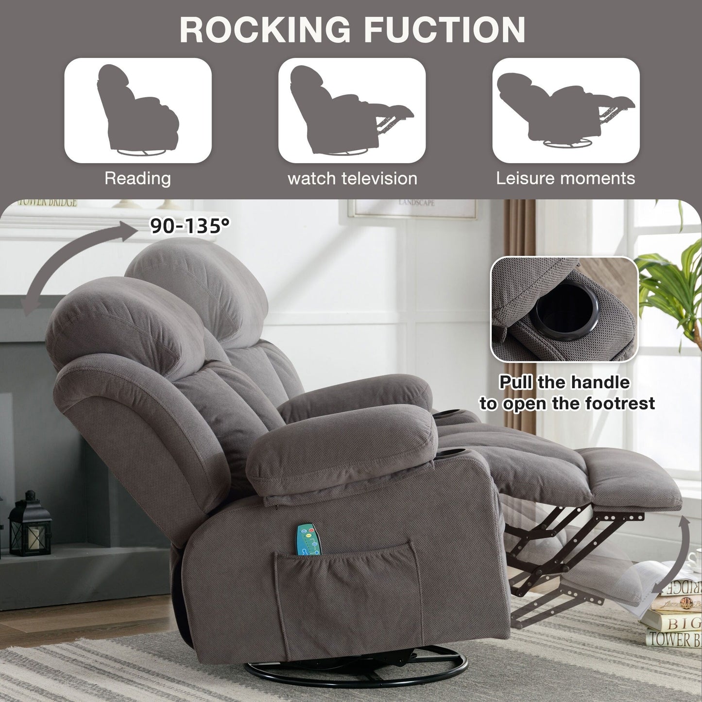 360° Swivel Massage Recliner Chair in Soft Velvet with Heat, USB, Manual Recline and Storage Pockets