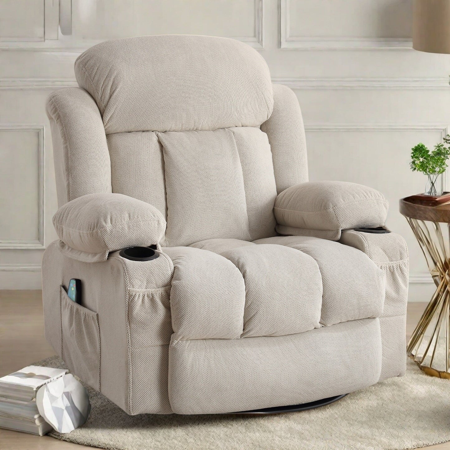 360° Swivel Massage Recliner Chair in Soft Velvet with Heat, USB, Manual Recline and Storage Pockets