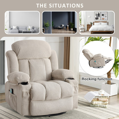 360° Swivel Massage Recliner Chair in Soft Velvet with Heat, USB, Manual Recline and Storage Pockets
