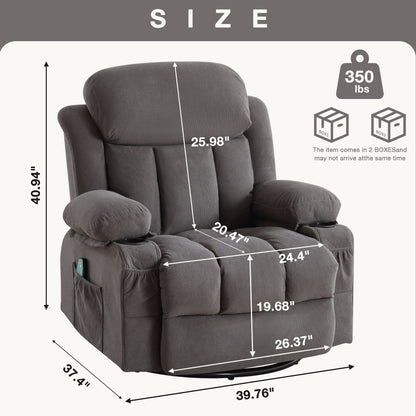 360° Swivel Massage Recliner Chair in Soft Velvet with Heat, USB, Manual Recline and Storage Pockets