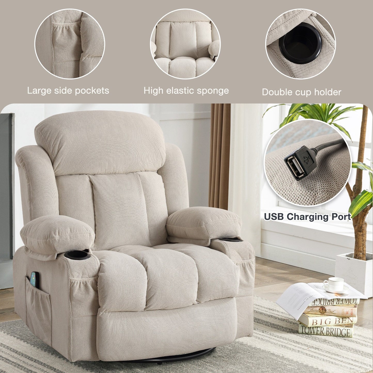 360° Swivel Massage Recliner Chair in Soft Velvet with Heat, USB, Manual Recline and Storage Pockets