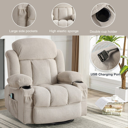 360° Swivel Massage Recliner Chair in Soft Velvet with Heat, USB, Manual Recline and Storage Pockets