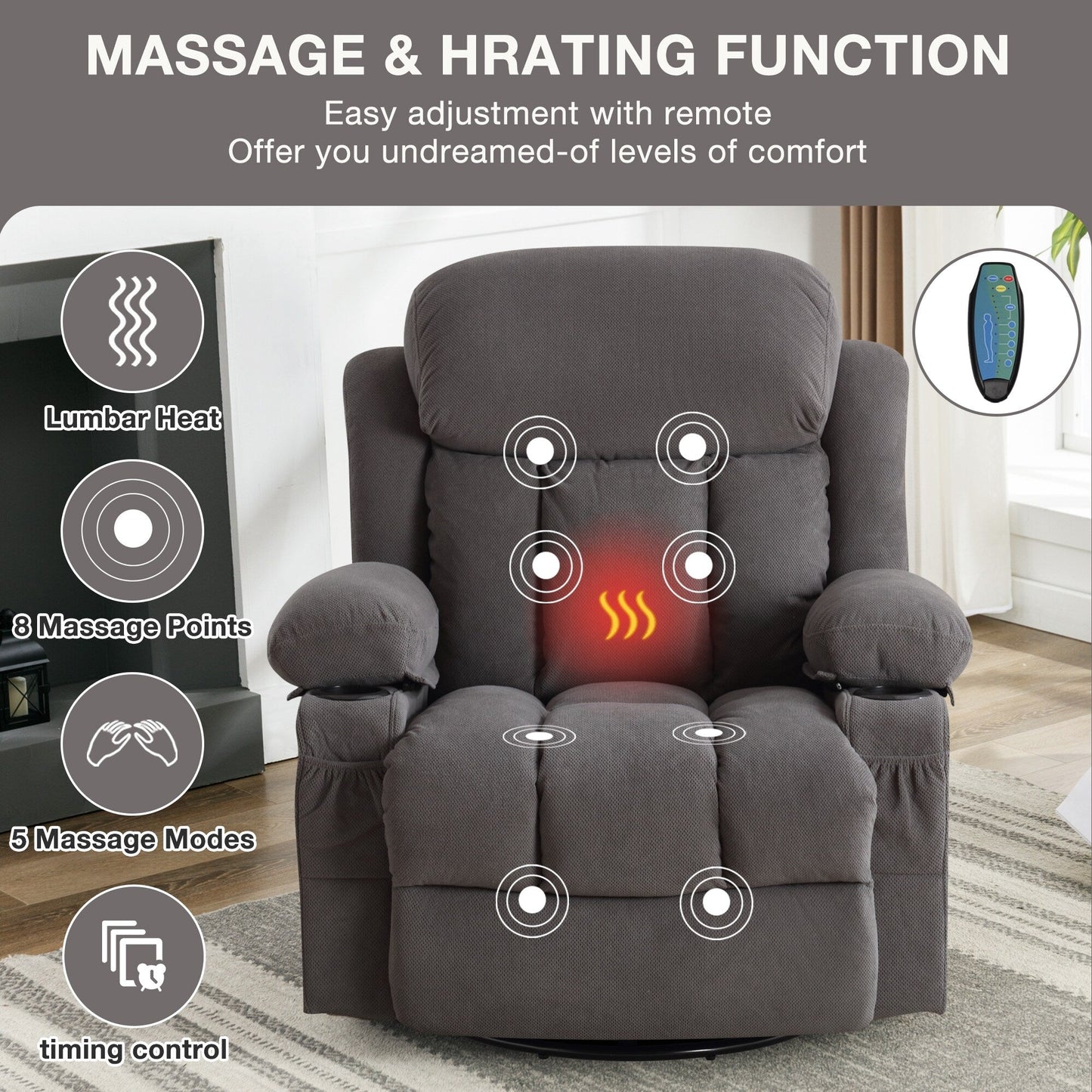 360° Swivel Massage Recliner Chair in Soft Velvet with Heat, USB, Manual Recline and Storage Pockets