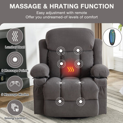 360° Swivel Massage Recliner Chair in Soft Velvet with Heat, USB, Manual Recline and Storage Pockets