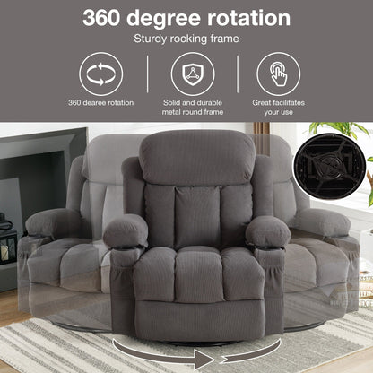 360° Swivel Massage Recliner Chair in Soft Velvet with Heat, USB, Manual Recline and Storage Pockets