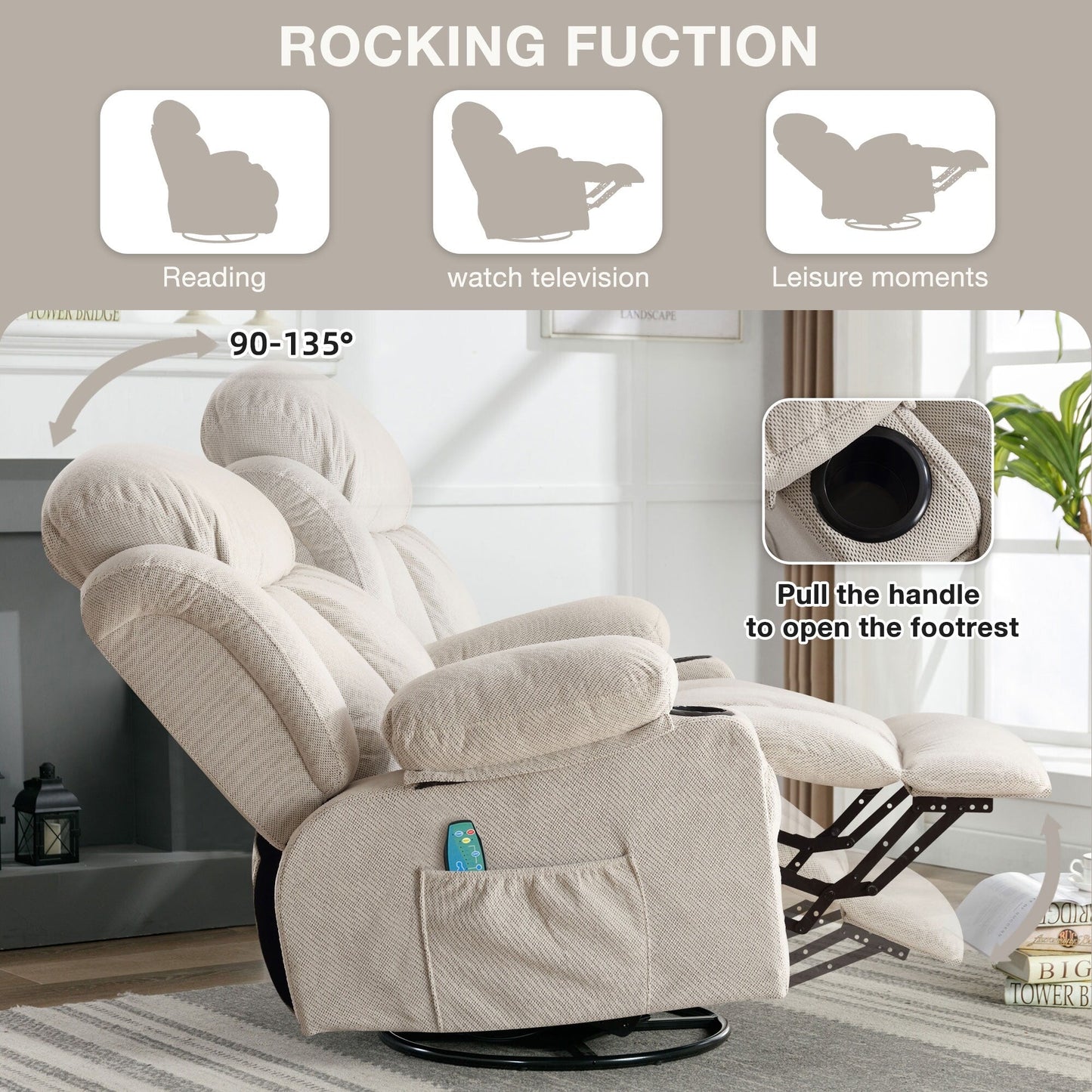360° Swivel Massage Recliner Chair in Soft Velvet with Heat, USB, Manual Recline and Storage Pockets