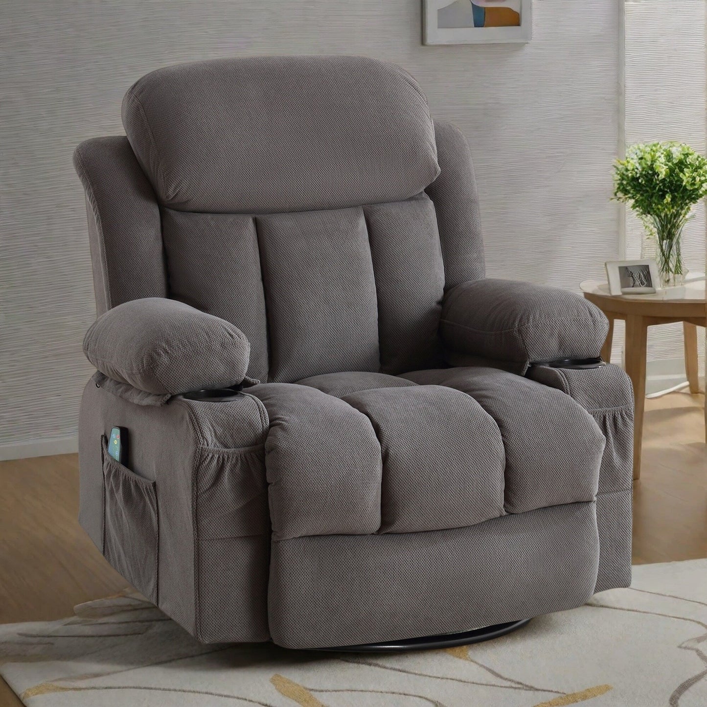 360° Swivel Massage Recliner Chair in Soft Velvet with Heat, USB, Manual Recline and Storage Pockets