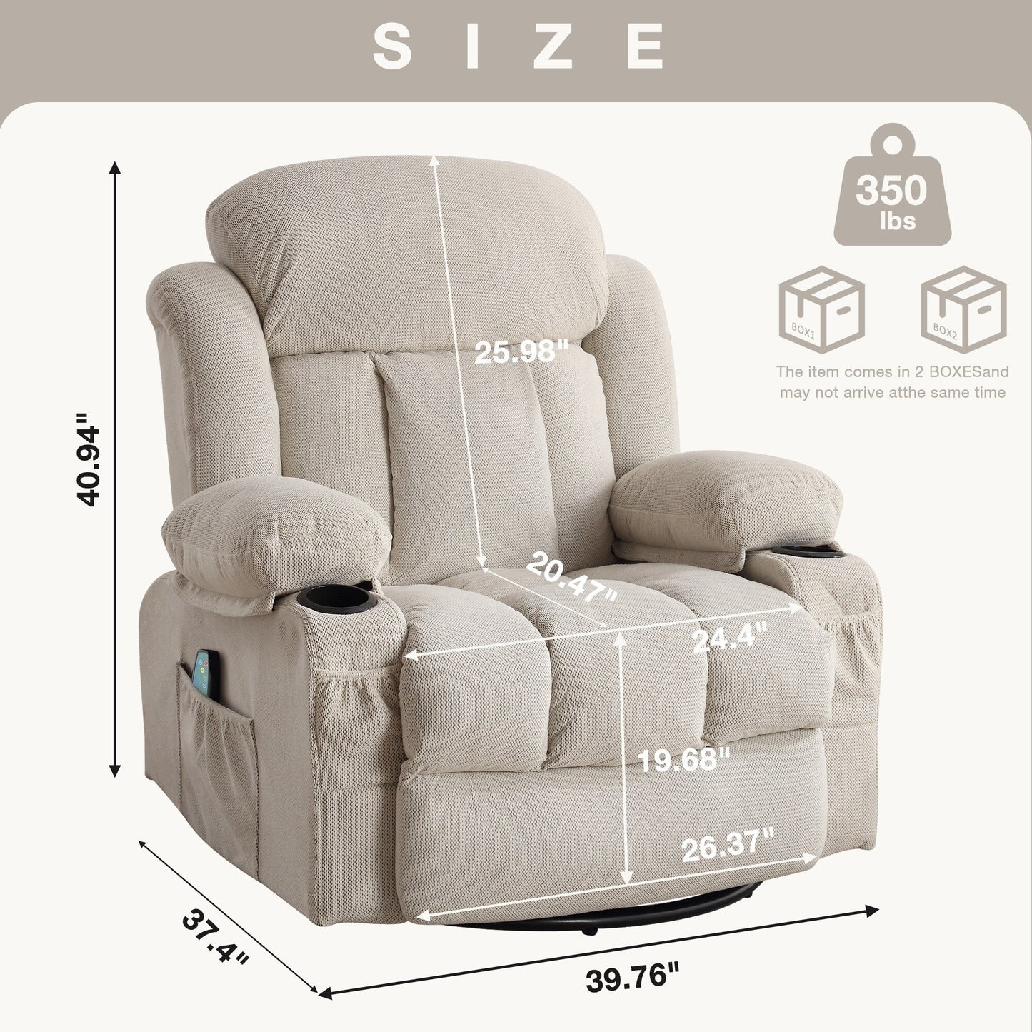 360° Swivel Massage Recliner Chair in Soft Velvet with Heat, USB, Manual Recline and Storage Pockets