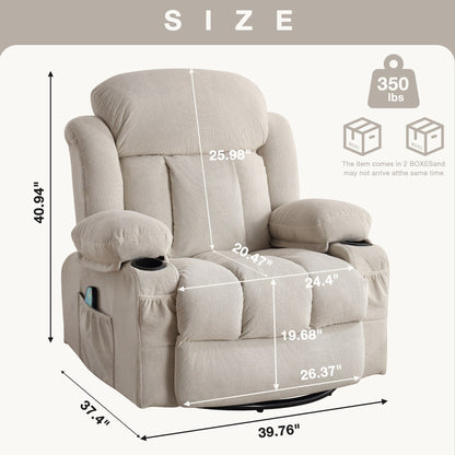 360° Swivel Massage Recliner Chair in Soft Velvet with Heat, USB, Manual Recline and Storage Pockets