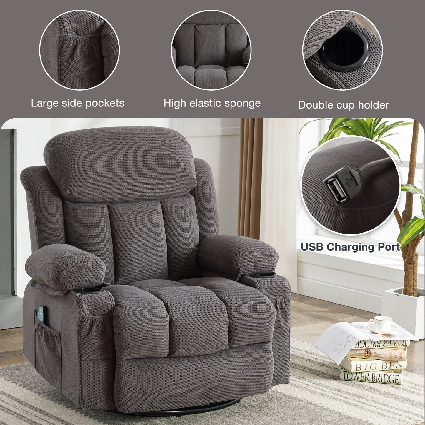 360° Swivel Massage Recliner Chair in Soft Velvet with Heat, USB, Manual Recline and Storage Pockets