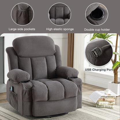 360° Swivel Massage Recliner Chair in Soft Velvet with Heat, USB, Manual Recline and Storage Pockets