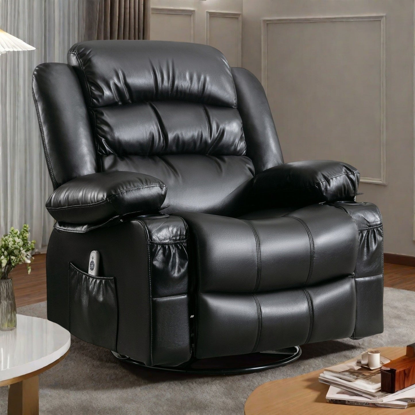 360° Swivel Massage Recliner Chair with Heat, PU Leather, 8-Point Massage, USB Charging and Storage Pockets
