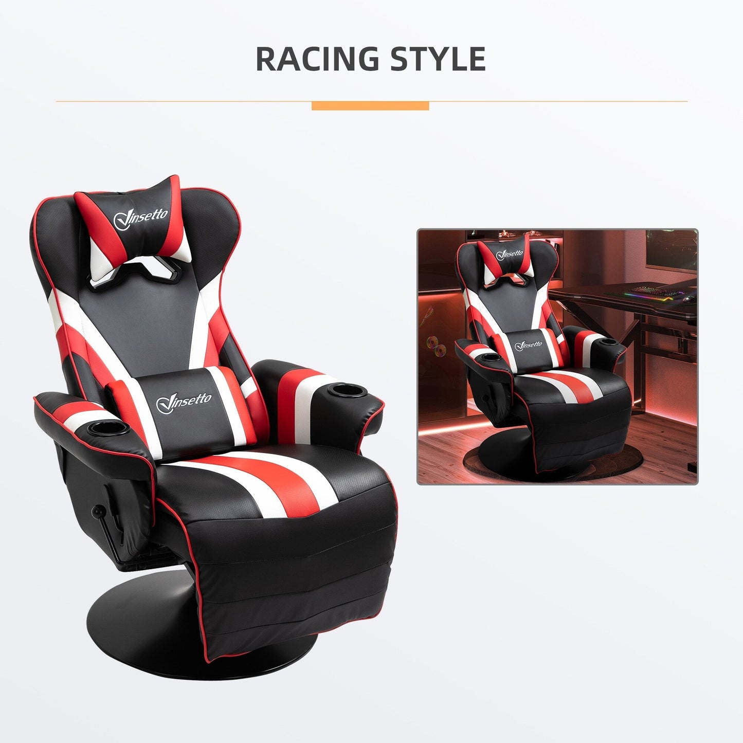 360Â° Swivel Racing Style Gaming Recliner Chair with Lumbar Support, Footrest and Dual Cup Holders for Game Room