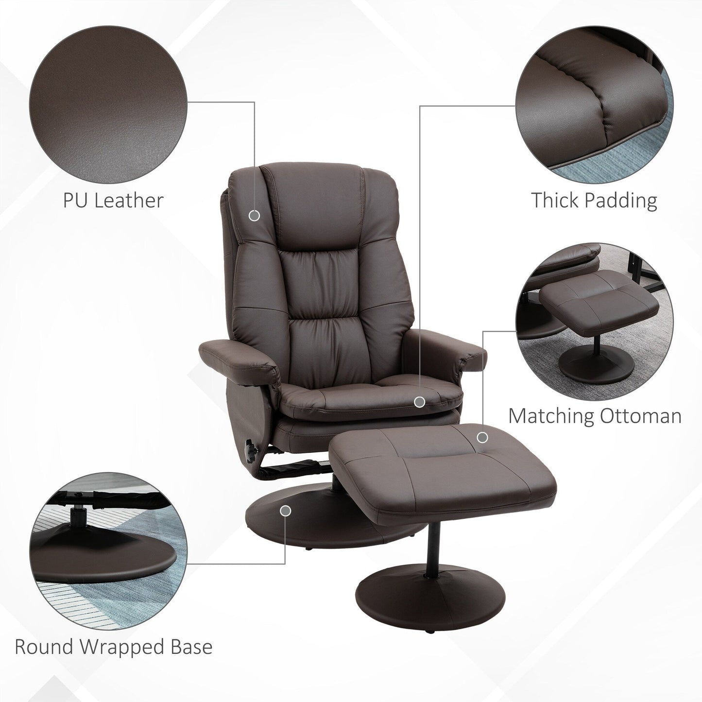360Â° Swivel Recliner Adjustable PU Leather Lounge Chair with Footrest for Living Room, Bedroom and Home Office