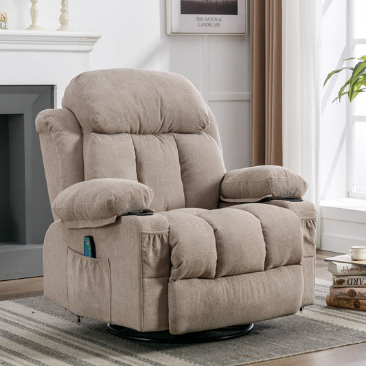360° Swivel Recliner with Massage, Heat, USB Charging, Dual Cup Holders, and Spacious Side Pockets