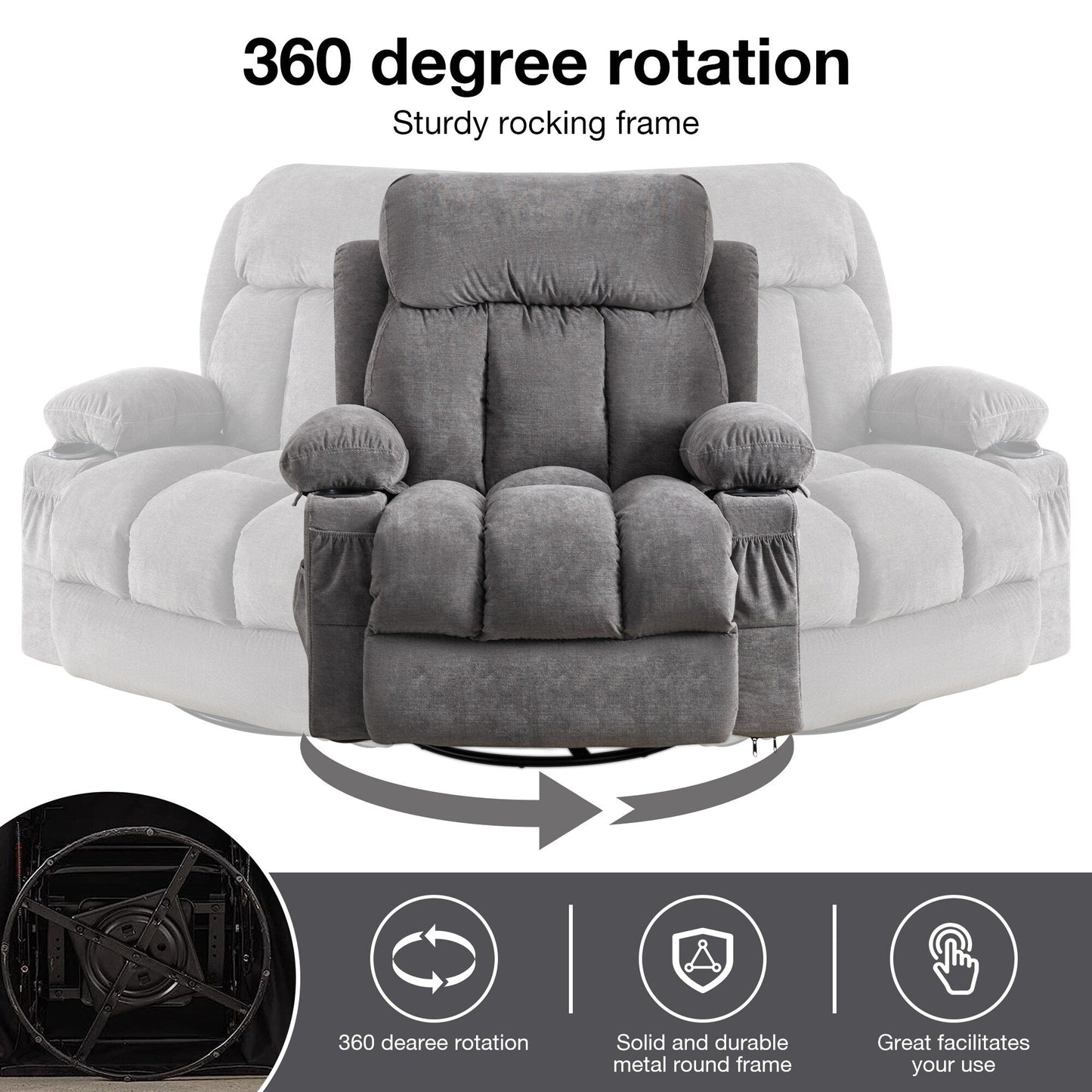 360° Swivel Recliner with Massage, Heat, USB Charging, Dual Cup Holders, and Spacious Side Pockets