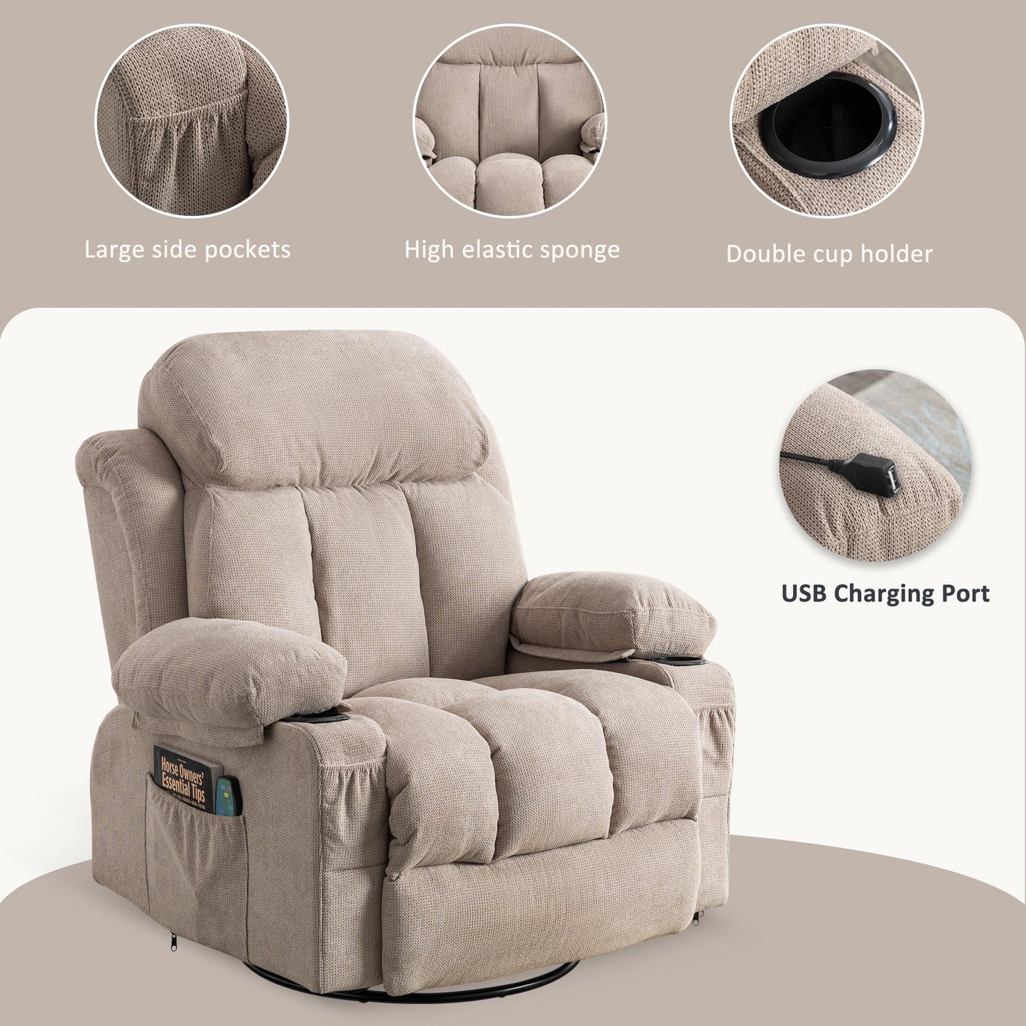 360° Swivel Recliner with Massage, Heat, USB Charging, Dual Cup Holders, and Spacious Side Pockets