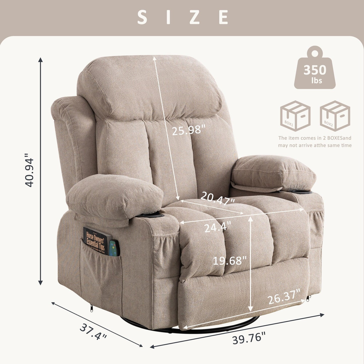 360° Swivel Recliner with Massage, Heat, USB Charging, Dual Cup Holders, and Spacious Side Pockets