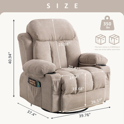 360° Swivel Recliner with Massage, Heat, USB Charging, Dual Cup Holders, and Spacious Side Pockets